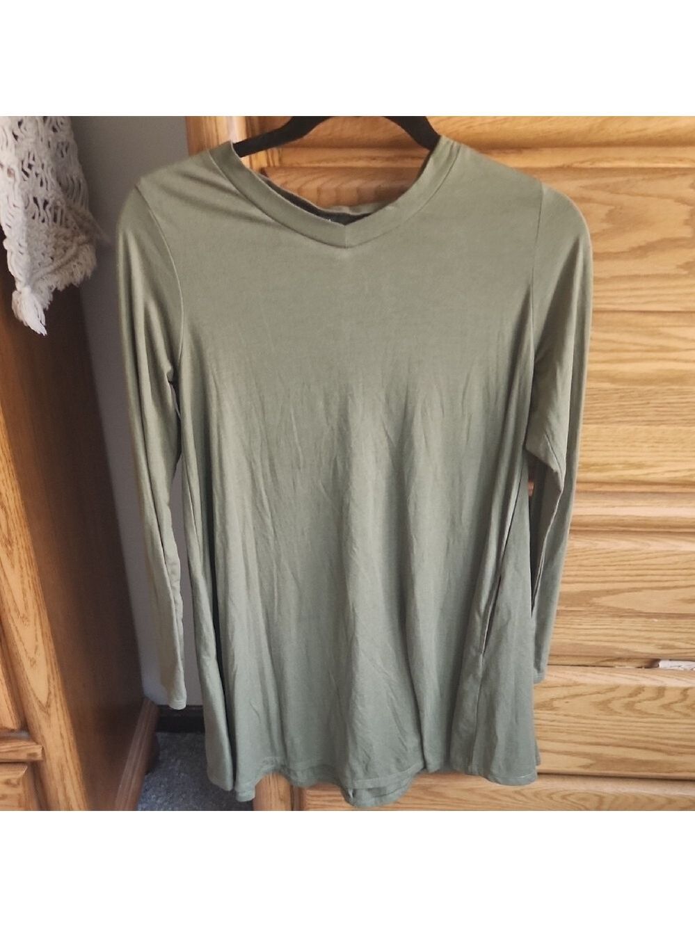Green Vneck Cotton Tunic Swing Sz Sml Dress with Long Sleeves and Relaxed Fit